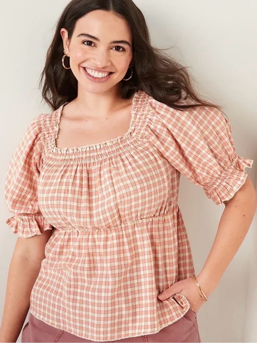 Old Navy Plaid rose and cream blouse with puff sleeves gingham pink cottagecore